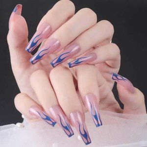 Fire Blue Long Coffin Ballerina Press on Nails Medium Length Acrylic Fake Nails